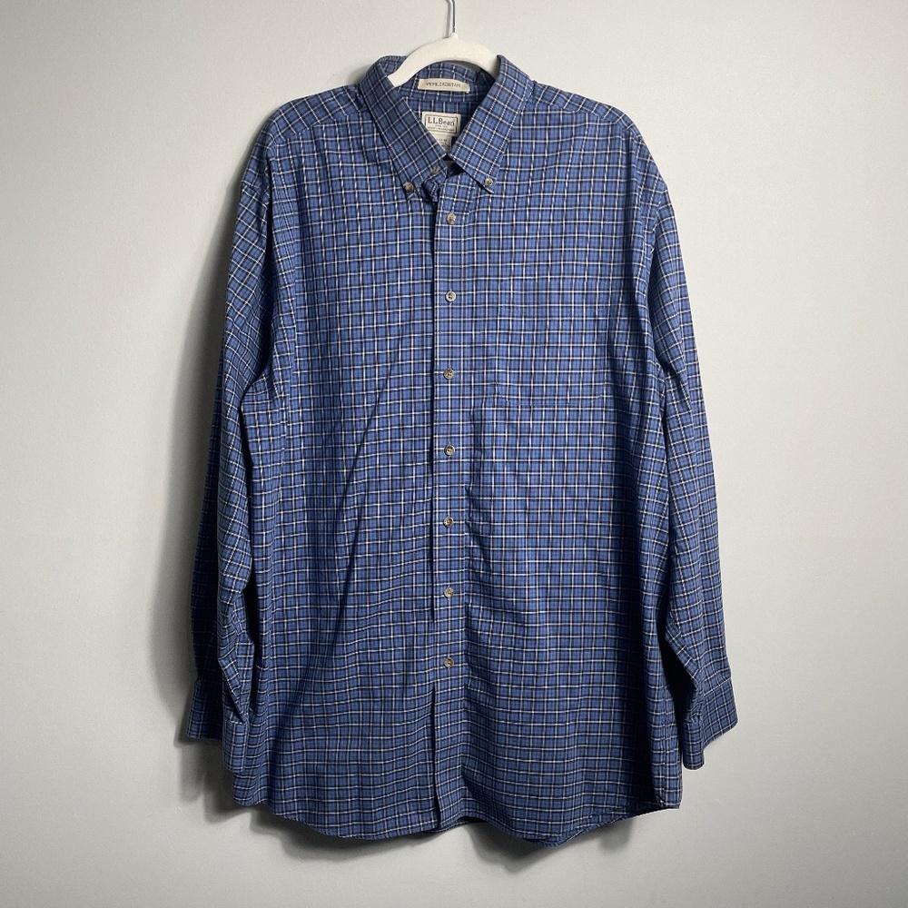 LL BEAN - Plaid, Dress Shirt,  Blue‎ with Navy Long Sleeve, Size XL-TALL